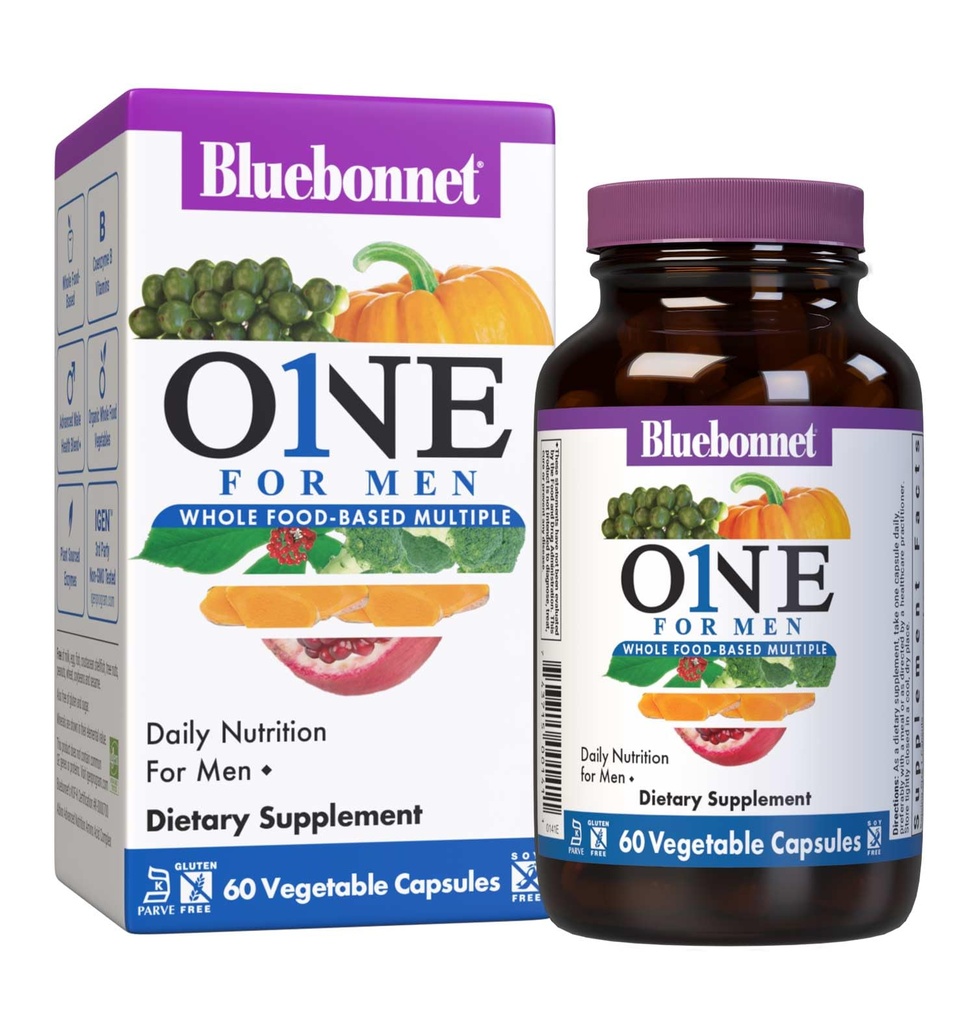 Bluebonnet Nutrition Mens One Vegas Capsule, Whole Food Multiple, K2, Organic, Energy, Vitality, Non-GMO, Gluten, Soy & Milk Free, Kosher, 3 Luna de aprovizionare, 90 Conte