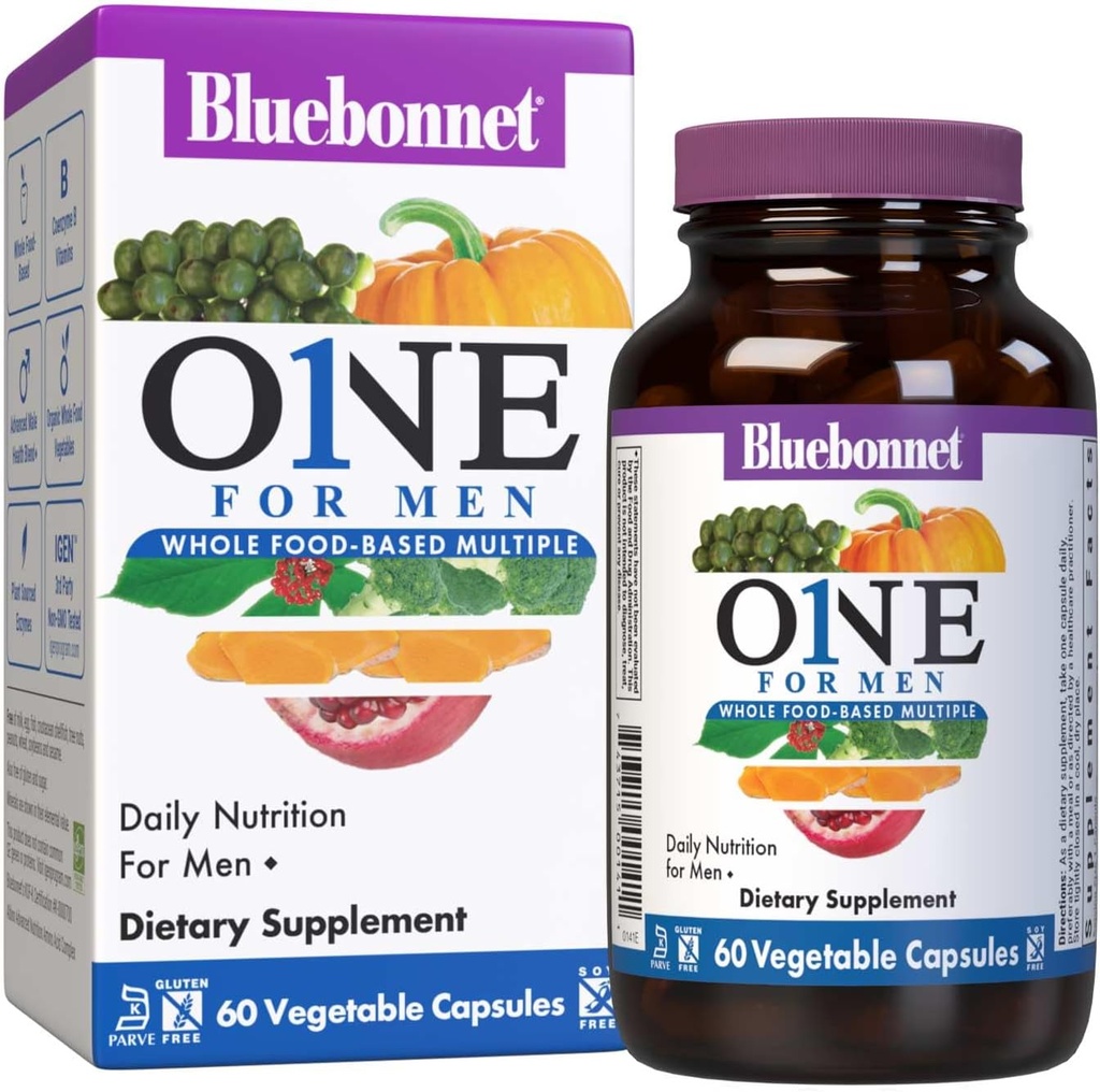 Bluebonnet Nutrition Mens One Vegas Capsule, Whole Food Multiple, K2, Organic, Energy, Vitality, Non-GMO, Gluten, Soy & Milk Free, Kosher, 3 Luna de aprovizionare, 90 Conte