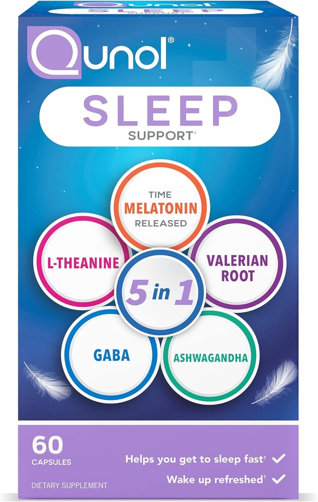 Qunol Sleep Support, 5 in 1 non-Habit Forming Sleep Aid, Supliment cu melatonina 5mg, Ashwagandha, GABA, Root Valerian, L-Theanin, 60ct Capsule