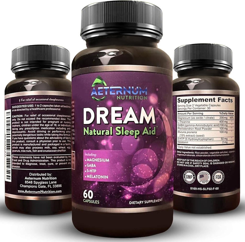 Dream Natural Sleep Supplement for Adults – Relaxing Sleep, Wake Rested - Non Habit Sleep Aid Capsules Free from Sugar, Carbs - Melatonin, Magnesium, 5HTP, L-Theanine, GABA- Non-GMO 60 Sleeping Pills