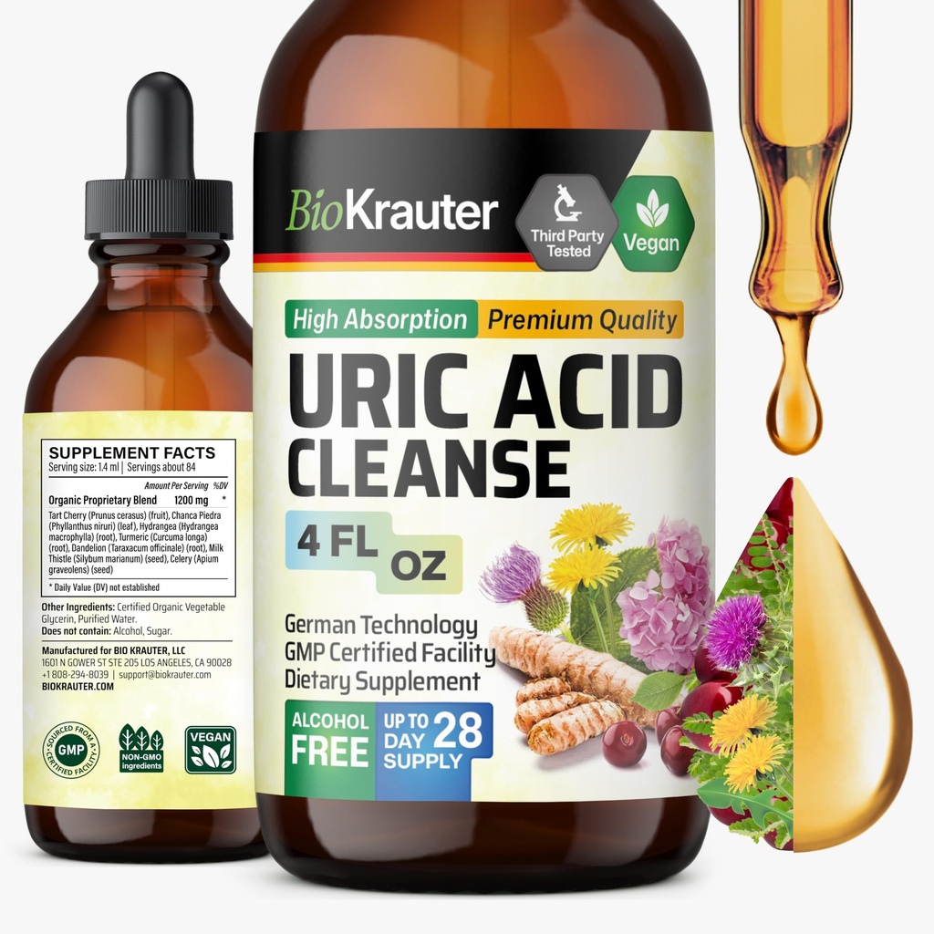 BIO KRAUTER Acid Uric Suport Tinctură - Supliment renal natural w/Tart Cherry, Mulgemi de muls, Extracte de lichid din plante Turmeric - Picături din Vegan 4 Fl.Oz.