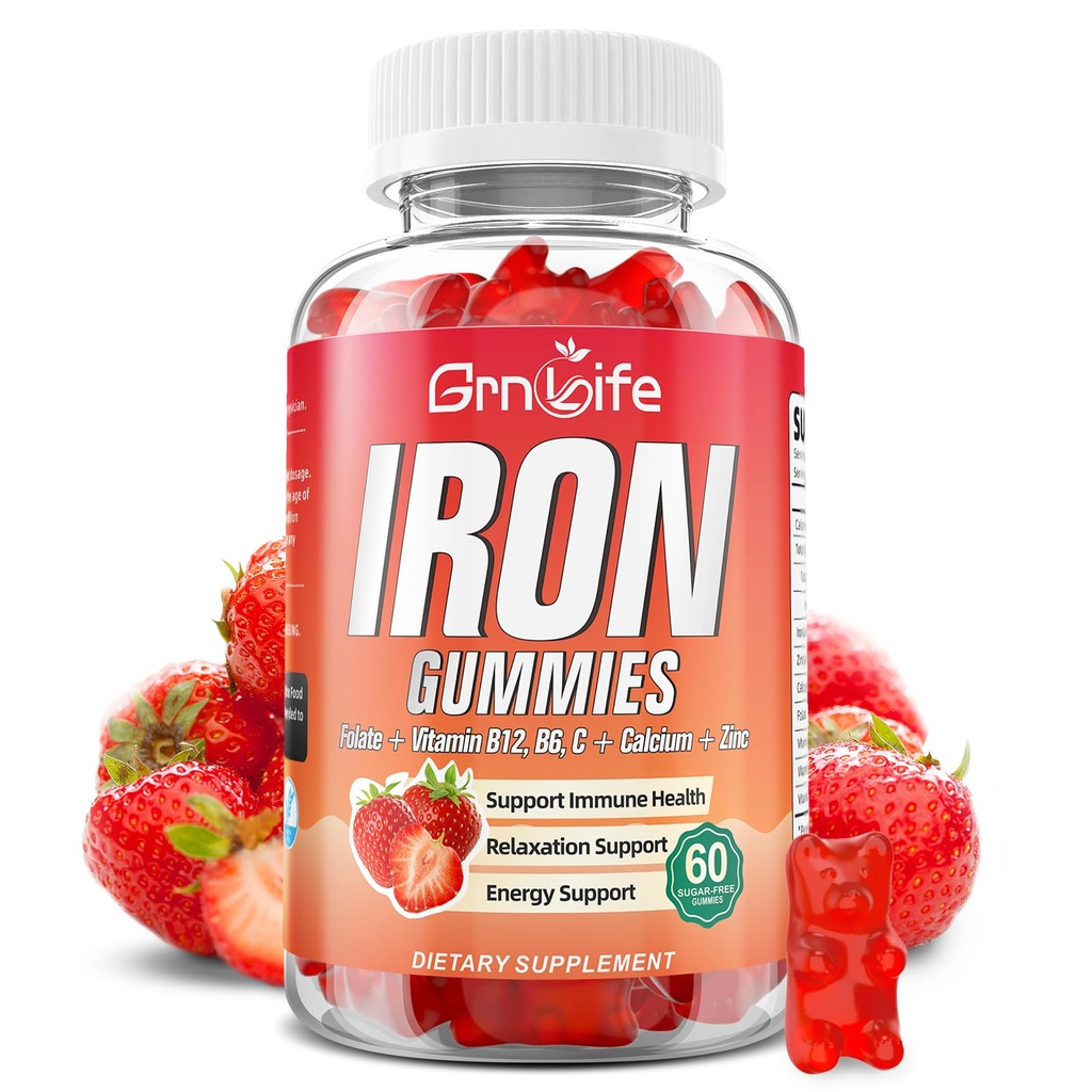 Gume de fier pentru femei, bărbați și copii, Sugar gratuit Supliment de fier cu calciu, Zinc, Folate & Vitamina B12, C, B6 - pentru Blood Building & Energy Support, Anemie, Căpșuni, 60 Conte
