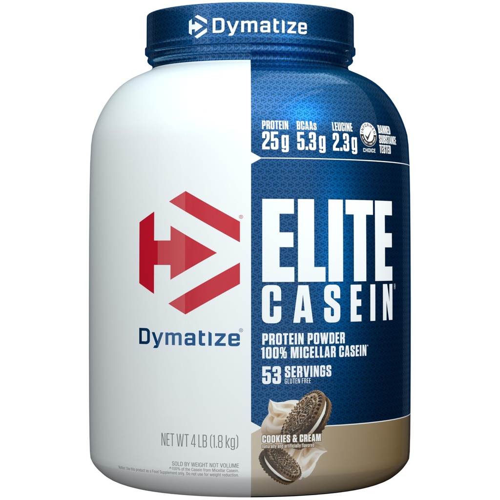 Dymatize Elite Casein Proteine Powder, Cookies & Cream, 100% Micellar Casein, 25g Proteine, 5.4g BCAAs, 2.3g Leucina, Absorbtie lenta pentru recuperare musculara peste noapte, 4 lb (53 Serviri)