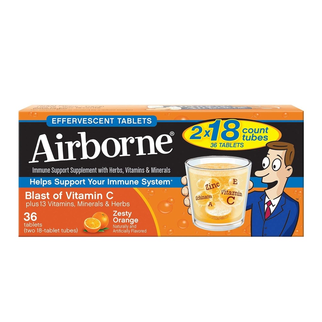 Vitamina C 1000mg (per servire) - Aeroborne Zesty Orange Efervescent Tablets (36 conta într-o cutie), Gluten-Free Immune Supplement Supplement and High in Antioxidanti