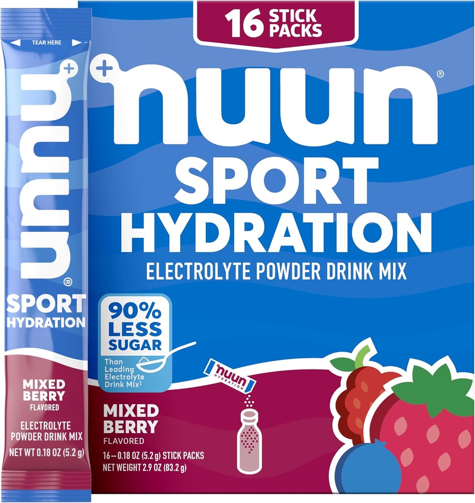 Nuun Sport Electrolit Pachete cu pulbere de magneziu, calciu, potasiu, clor și sodiu, Pachete de hidratare pentru On-The-Go, Aroma de Berry mixt, Gluten gratuit & Vegan, 16 Serviri unice