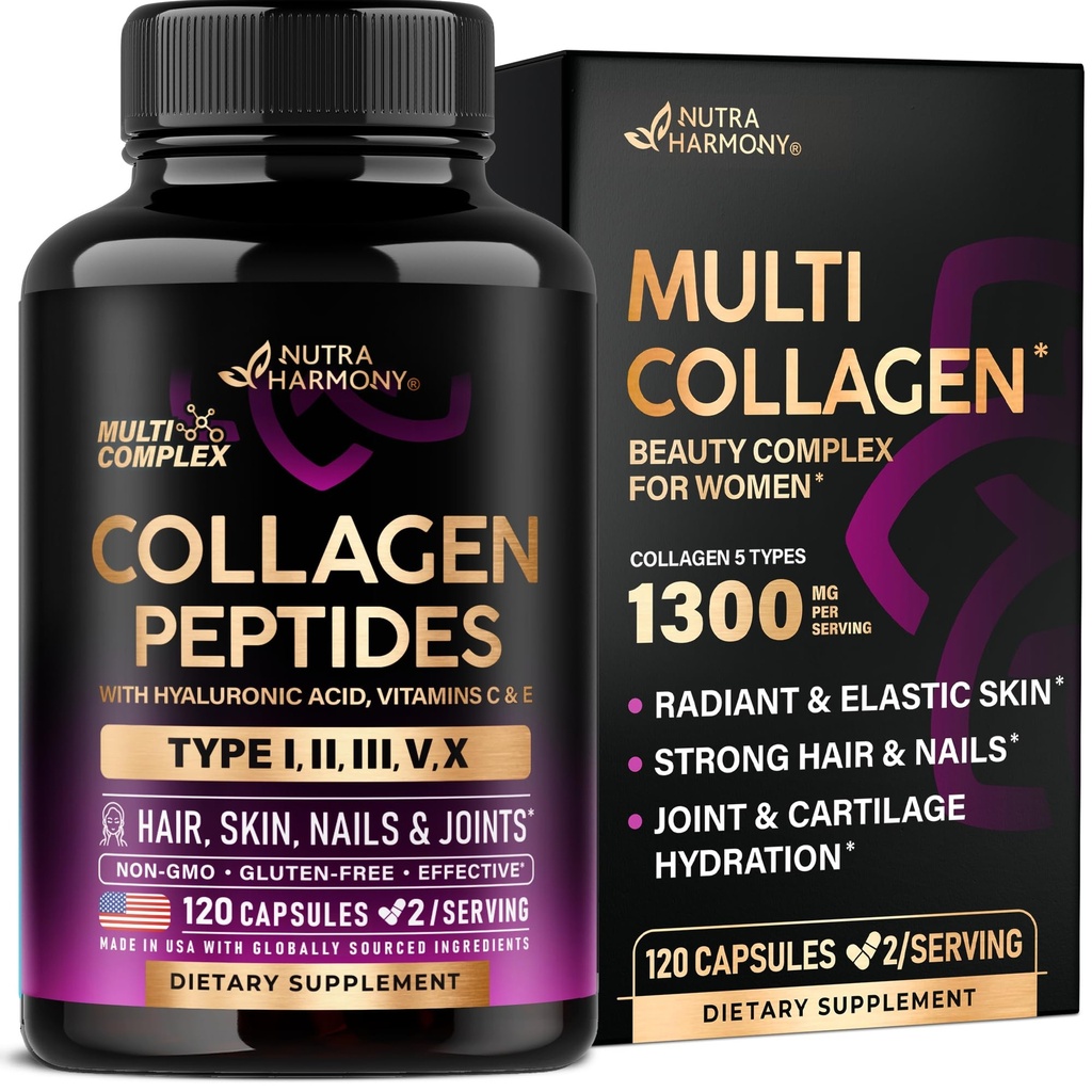 Multi Colagen Peptides - Tipuri hidrolizate I, II, III, V & X - Suplimentul Colagen pentru Femei 1300 mg - w/ Acid hialuronic, Vitamine C & E - Piele, Păr, Nails & Suport comun - Made in USA, 120 Capsule