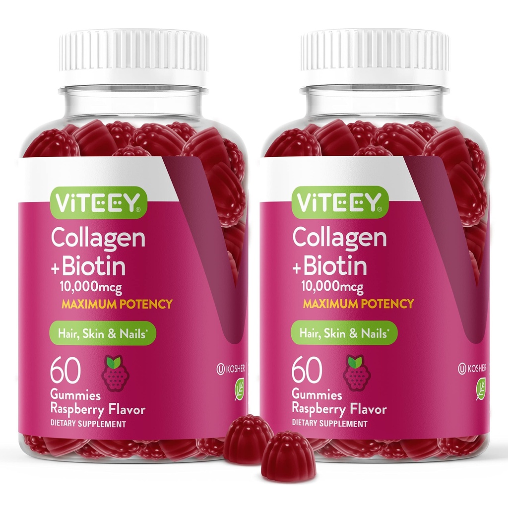Viteey Colagen Gumies cu gume de biotin pentru piele de par si unghii vitamine - Biotina si Colagen Suplimente pentru femei si barbati - Vegan, Gluten-Free 