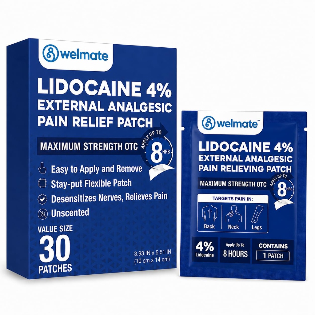 Welmate - 4% Lidocaină Numbing Patch - Putere maximă - Relief temporar de durere, Back, Neck, Umeri, Genunchi, Coturi, Iritaţii minore ale pielii - Topical Analgesic Unscented - 30 ct