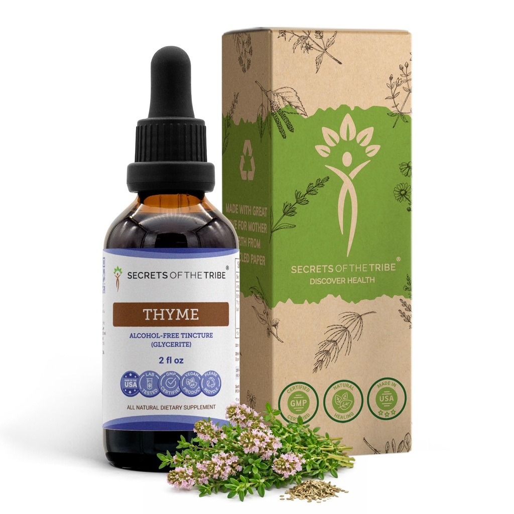 Secretele Tribului Time Extract lichid fără alcool, Cimbru (Thymus Vulgaris) Suplimentul de tinctură frunze uscate (2 FL OZ)