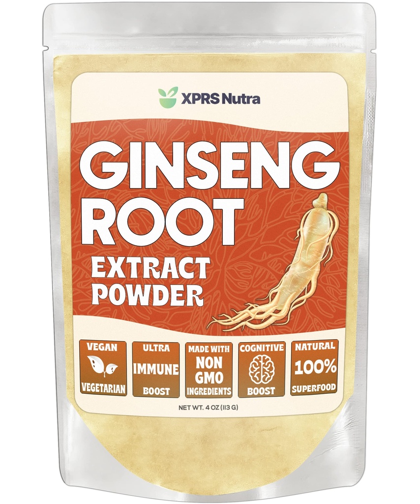 XPRS Nutra Ginseng Root Extract pulbere - Ginseng pulbere suportă funcția cognitivă, performanța fizică și sistemul imunitar - Vegan prietenos Panax Ginseng în formă de pulbere (4 Ounce)