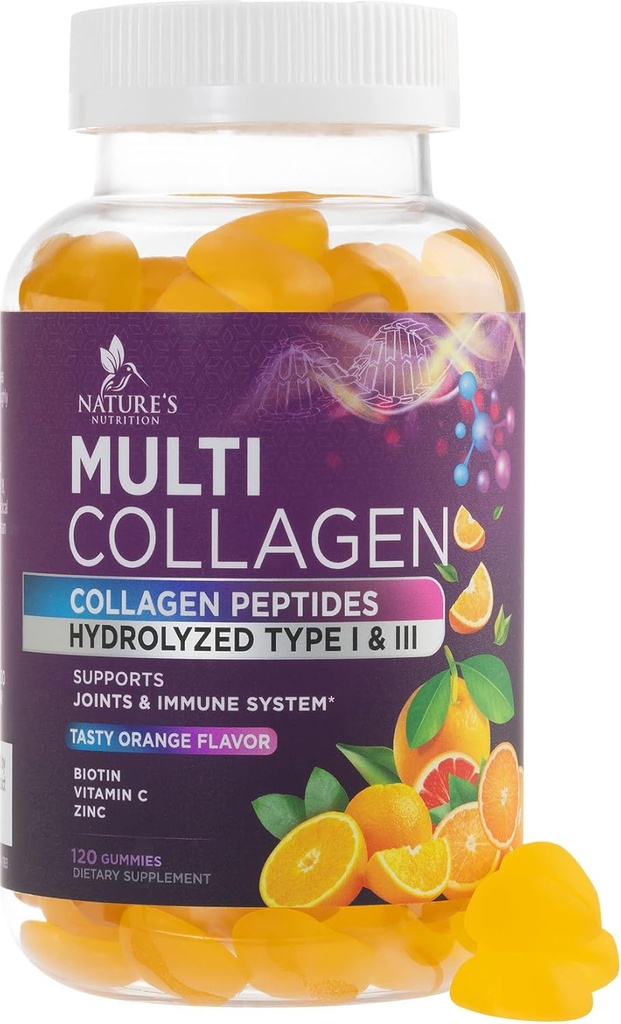 Colagen Peptides Gummies cu 2500 mcg Biotin - Hidrolized Proteine Tip I & III Multi Colagen Supliment cu vitamina C & Zinc - Suport pentru par, Piele, Nails, Tasty Orange Flavor - 120 Gume