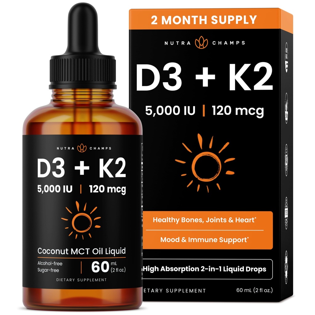 NutraChamps Vitamina D3 K2 picături, lichid vitamina D3 5000 UI & K2 D3 cu MK7, vitamina D picături pentru copii, oase, inima și sănătatea imună, lichid vitamina D în ulei MCT pentru o mai bună absorbție