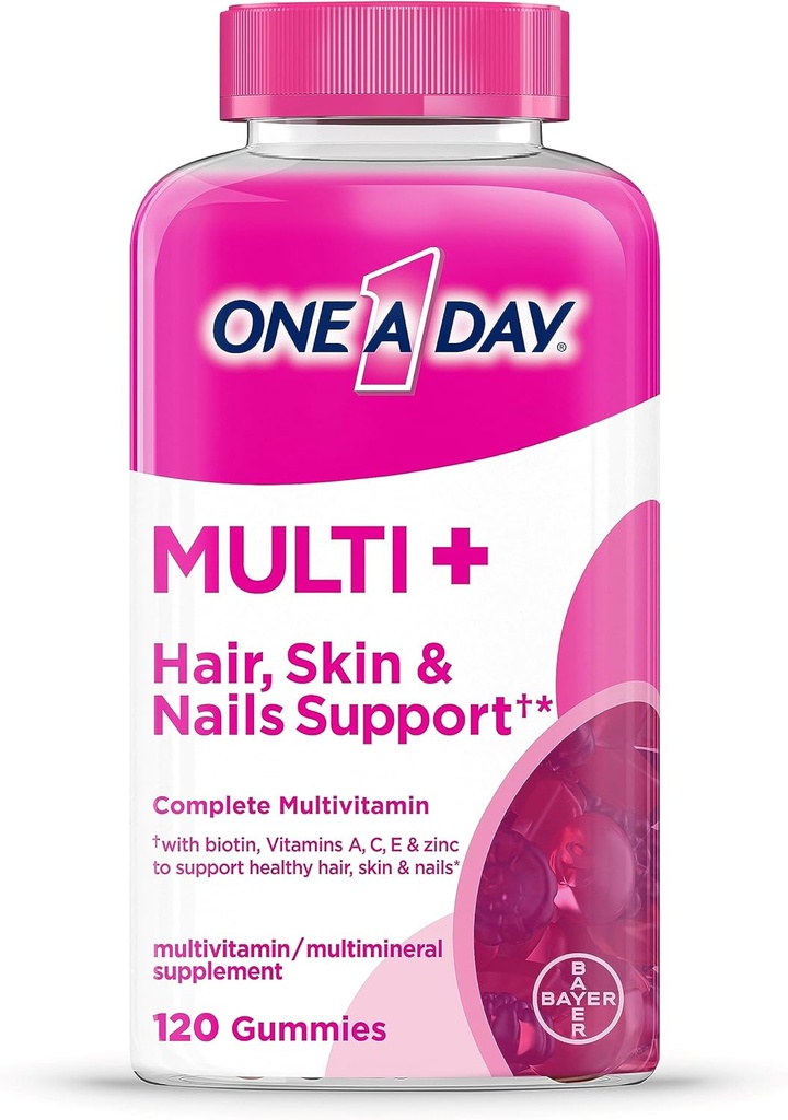 One A day Multi+ Hair, Skin & Nails, Multivitamine + Boost of Support for Healthy Hair, Skin & Nails with Biotin and Vitamins A, C, E & Zinc , Gummy 120 Count (2 Luna de aprovizionare)