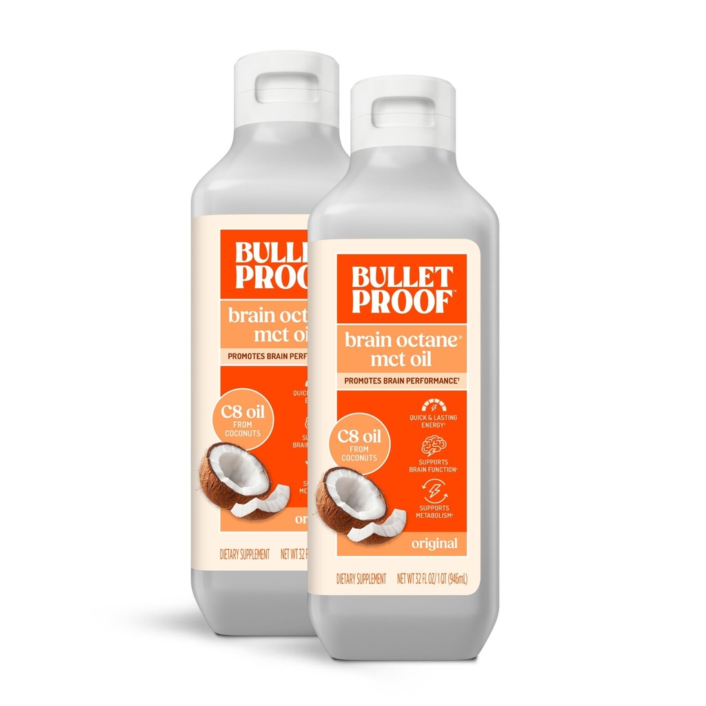 Bulletproof Brain Octane C8 MCT Ulei, 32 Ounces (Pachetul de 2), Keto Suplimentul pentru sustinerea energiei si suport metabolic, ambalare mai Vary