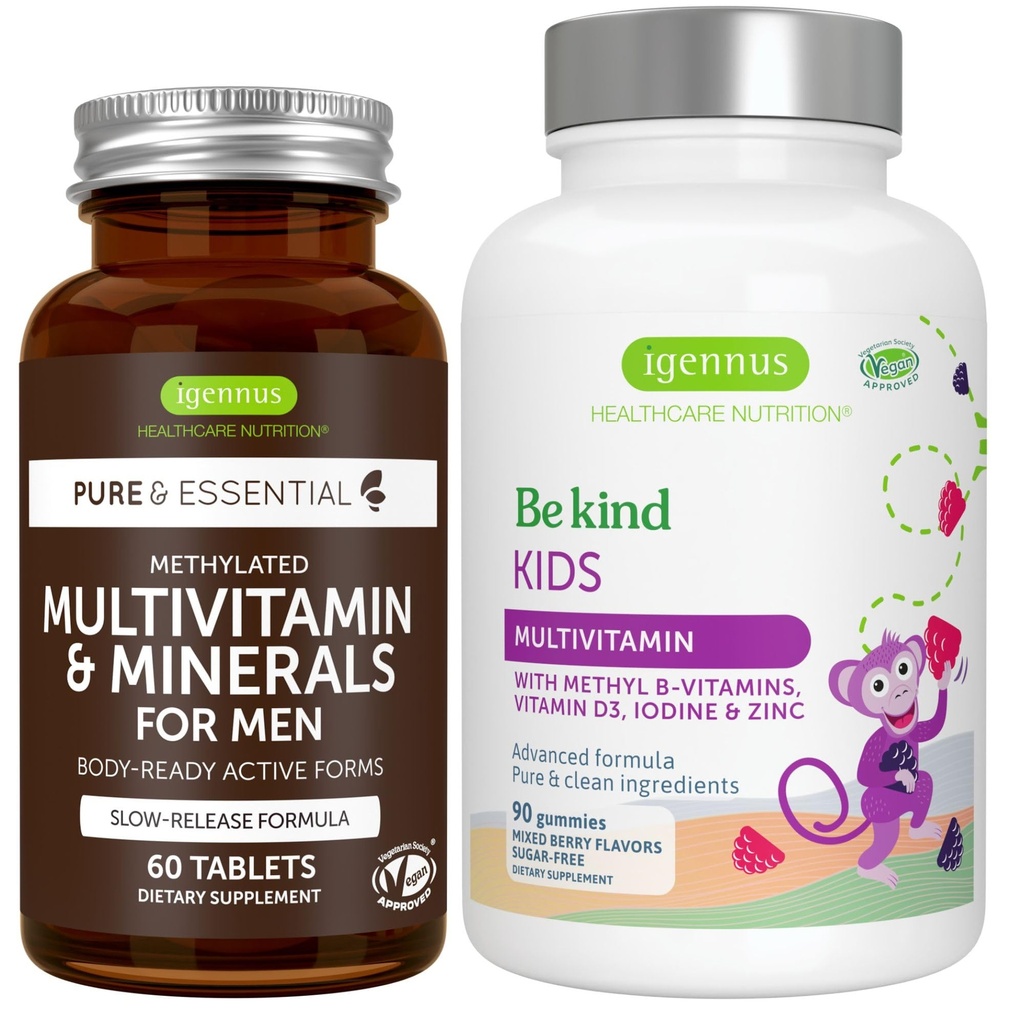 Multivitamine si minerale pentru barbati + copii avansati Multivitamine Gummy Vegan Bundle, cu metilate B-Vitamins, Vitamina A, C, D3 & E, Eticheta curata, 60 tablete + 90 Aroma Berry Gummies, de Igennus