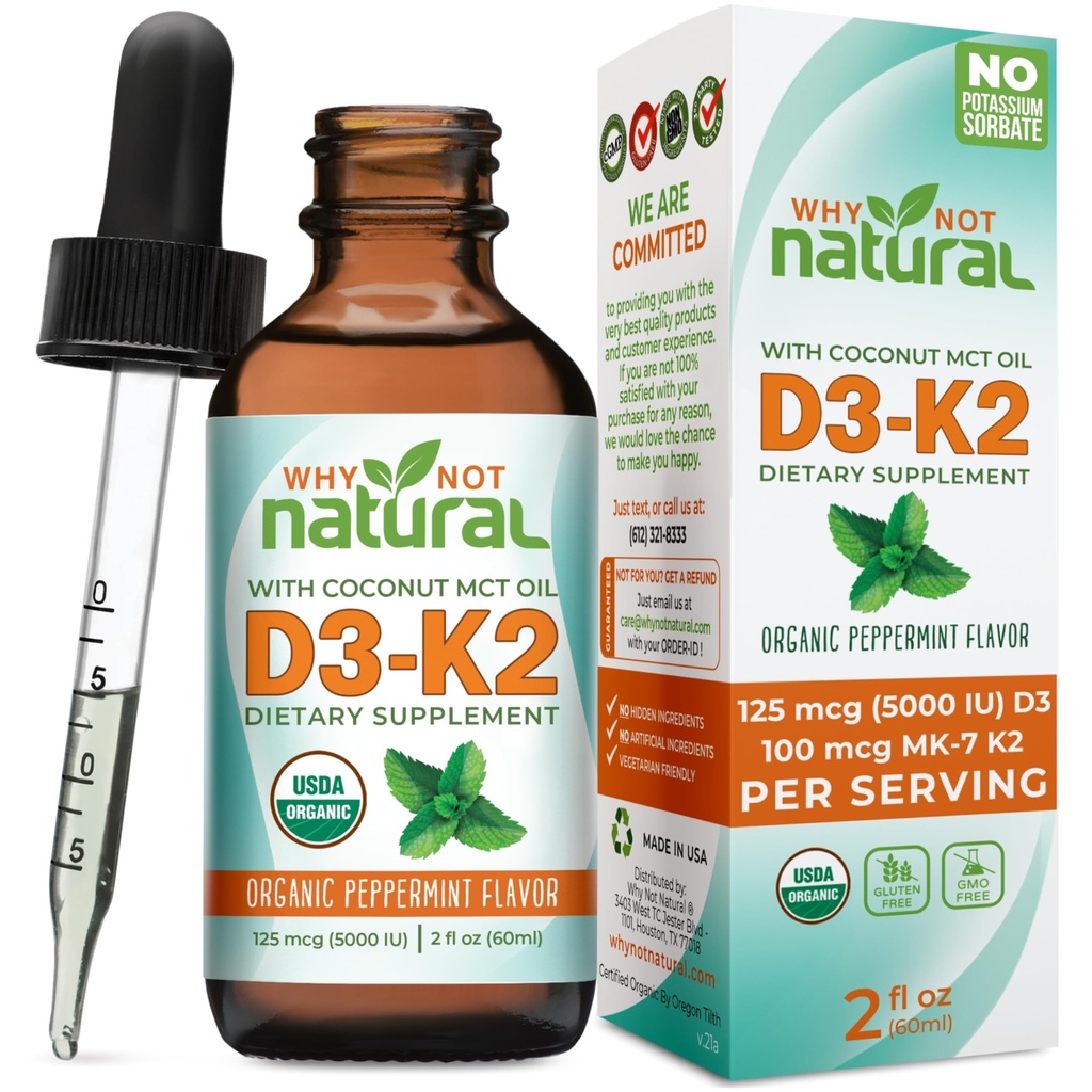 De ce nu vitamina organică naturală D3 K2 (MK-7) Picături lichide, 5000 UI de D3 sublingual cu ulei de cocos MCT, pentru oase puternice și dinți, inimă și suport imunitar