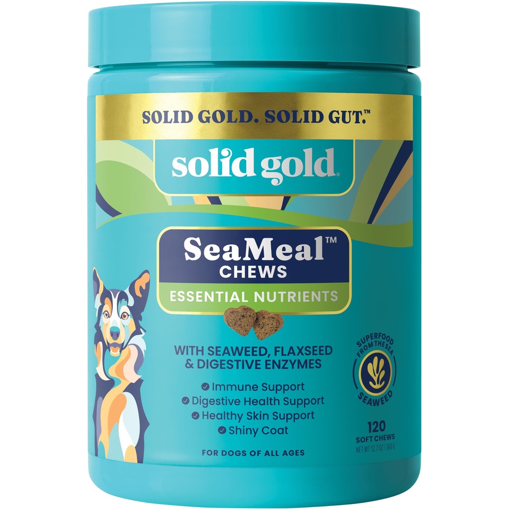 Solid Gold Cat & Dog Multivitamine Chews - Kelp, Omega 3 & Vitamine pentru Dental, Digestive, Immune, Skin & Coat Health - Multi Vitamina pentru câini și pisici - Sea Kelp Bazat Soft Chew pentru toate vârstele - 120ct