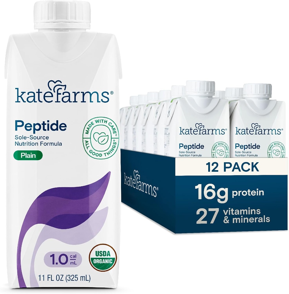 KATE Farms Organic Adult Peptide 1.0 Formula, Plain, Sole-Source, Hidrolyzed Plant-Based Nutrition for Oral or Tube Feed, 11 Fl oz (12 Pack)