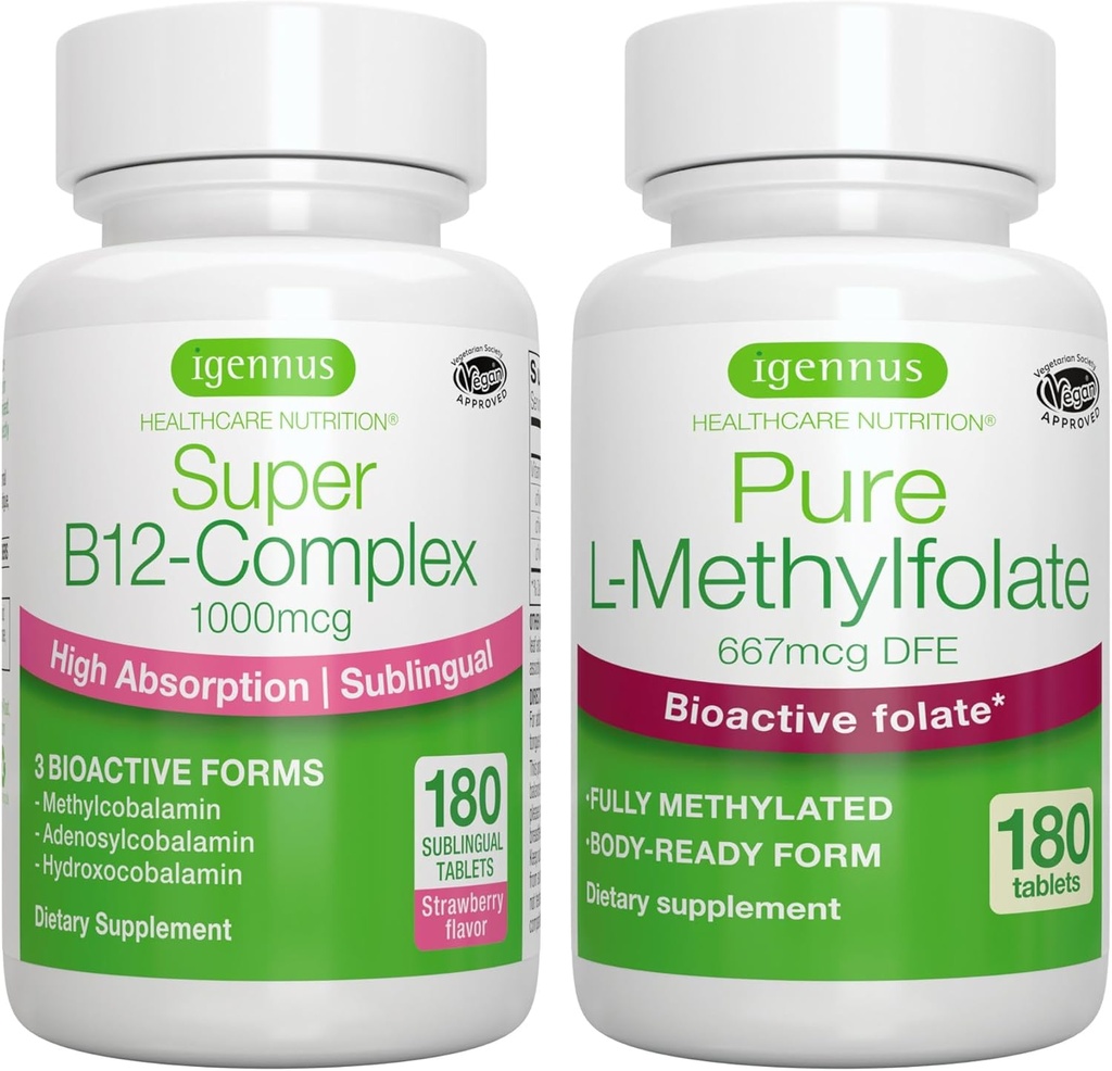 Super B12-Complex 1000mcg + Folat pur 400mcg Vegan Bundle, sublingual de absorbţie vitamina B12 cu metilcobalamină, Adenosilcobalamină & Hydroxocobalamină + L-metilfolat optimizat, de Igennus