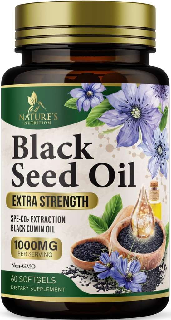 Black Seed Oil Softgels 1000mg - Premium Nigella Sativa Blackseed, Pure Natural Black Cumin Seed Oil & Antioxidant pentru Skin & Immune Support - Non OMG, îmbuteliat în SUA Supliment - 60 Softgels