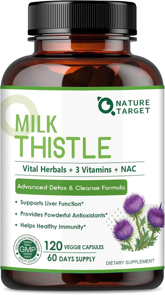 NATURĂ ŢINTĂ Milk Thistle Supliment pentru ficat Cleanse Detoxifiere & Reparaţie, Supplement de suport cu 350mg de 30:1 Milk Thistle Extract echivalent cu 10500mg, 120 Veggie Capsules (60 zile de aprovizionare)