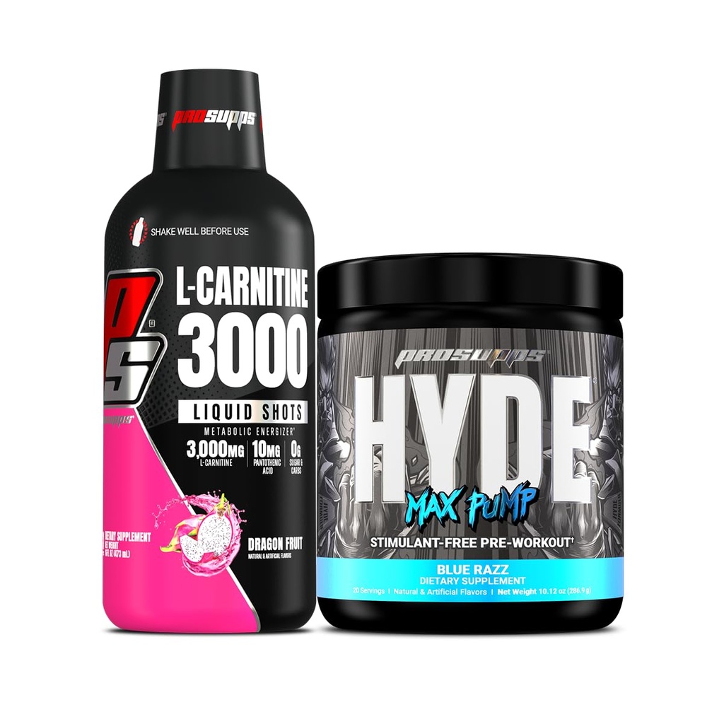 PROSUPPS L-Carnitina 3000 Stimulante Injecții cu lichid gratuit (31 Servings, Dragon Fruit) și Hyde Max Pump Pre Workout pentru bărbați și femei (20 serviri, Blue Razz) Bundle