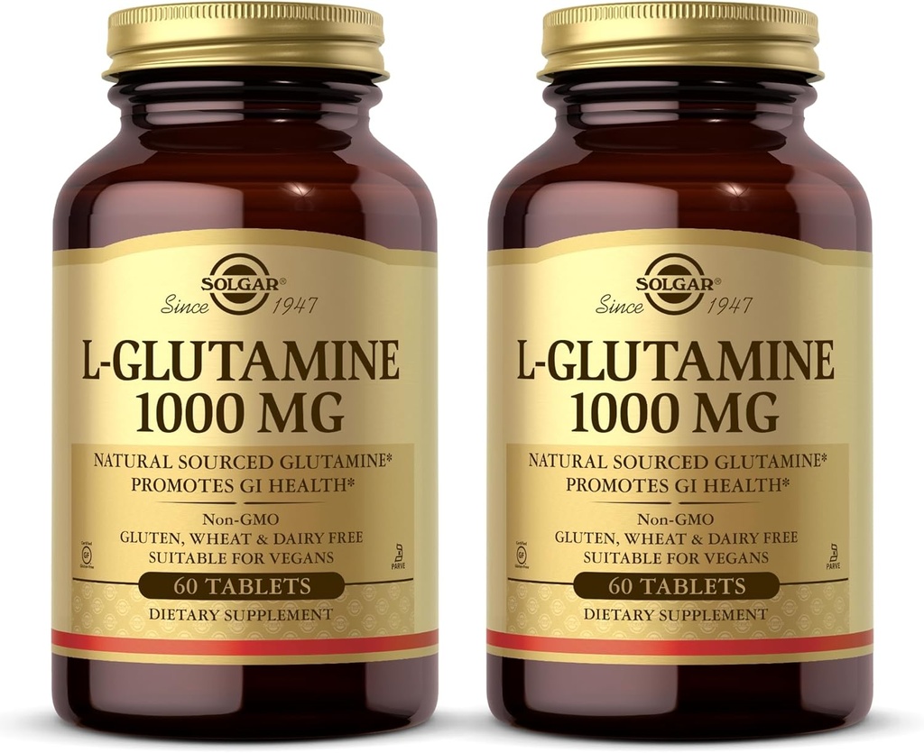 Solgar L-Glutamine 1000 mg, 60 comprimate (Pachet de 2) - Natural Muscle Food - Promovează gastro-intestinale (GI) Sănătate - Sprijină sănătatea creierului - non-GMO, Vegan, Gluten Free, Kosher - 60 Total Servings