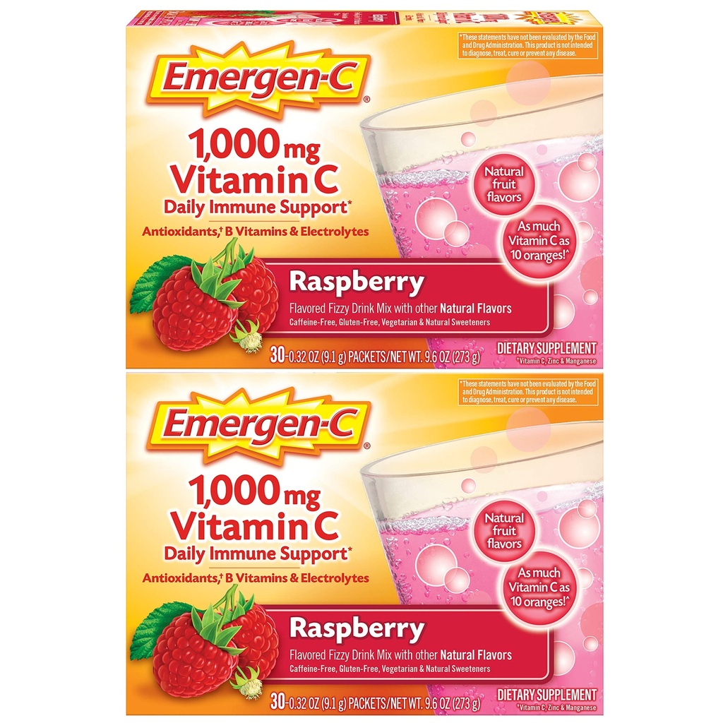 Emergen-C 1000mg vitamina C pulbere, cu antioxidanți, vitamine B și electroliți, suplimente de vitamina C pentru suport imunitar, Cafeina băutură fără amestec, aroma de zmeură - 60 Conte/2 lună de aprovizionare