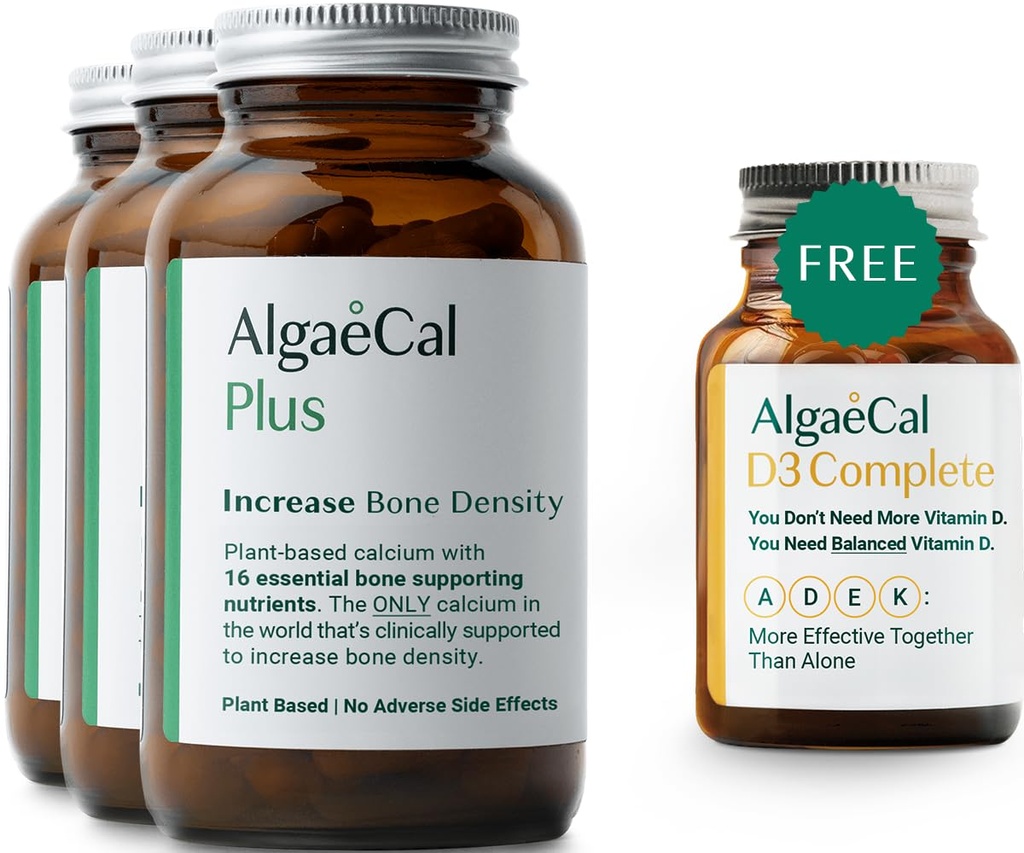 ALGAECAL Plus Bundle - Vitamina D3 Gratuita 4-in-1 Calciu Algae complet si rosu cu 16 Nutrienti care sustin oasele, sustinut clinic pentru cresterea densitatii osoase si stimularea sistemului imunitar