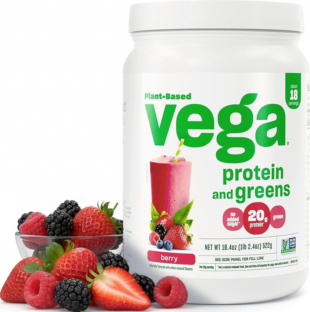 Vega Proteina si Greens Proteine Powder, Berry - 20g Plant based Proteine Plus Veggies, Vegan, Non OMG, Pea Proteina pentru Femei si Barbati, 1.2 lbs (Packing May Vary)