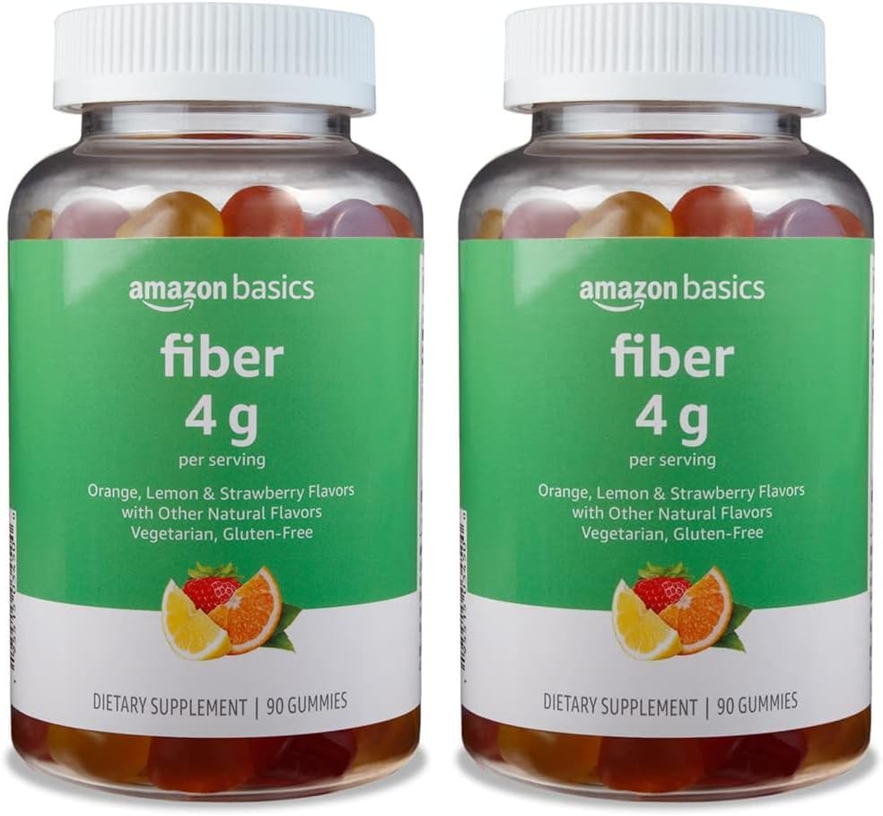 Amazon Basics (ulterior Solimo Fiber 4g Gummy - Digestive Health, Supports Regularity, Orange, Lemon & Strawberry, 90 Gummies (2 per Serving) (Pachet de 2)