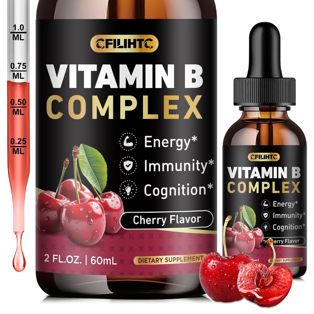 Vitamina B Picături lichide complexe, B Suplimentul Complex vitamine cu B1, B2, B3, B5 B6, B7, B9 & Metil B12 picături pentru adulți și copii, Vegan, Aroma de cireșe