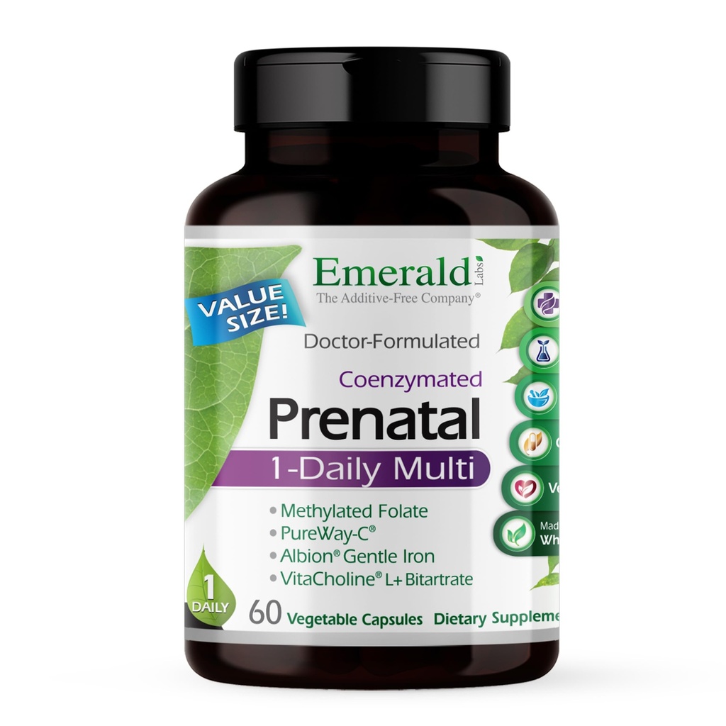 EMERALD LABS Multivitamine prenatale 1-Daily - multivitamine prenatale cu Folat metilat, fier, întreg-alimentare Blend & More - Soy-Free, Gluten-Free - 60 capsule vegetale