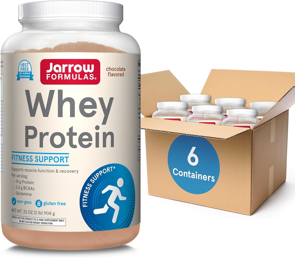 Jarrow Formulas Whey Proteina cu 18g de proteine, 3.8g de BCAAs, & Glutamina, Supliment alimentar pentru functia musculara si suport de recuperare, 32oz Ciocolata pudra aroma, Aprox. 35 zile de aprovizionare, Pachet de 6