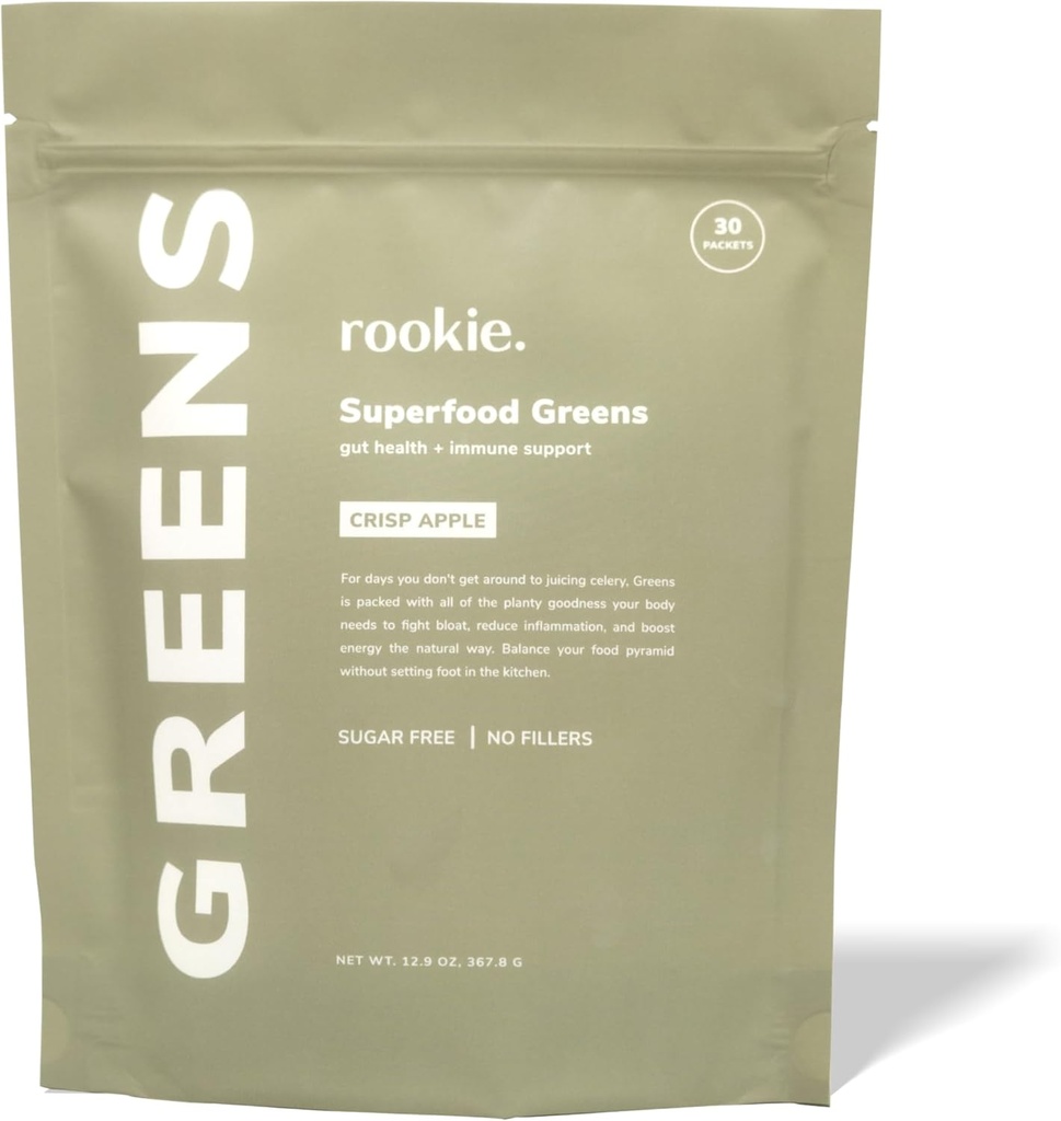 Rookie Wellness Greens + Superfoods - Greens Superfoods Powder Drink Made with Whole Food Source Ingredients Contine vitamine, probiotice, antioxidanti si Baobab Fiber (30 Servings, Crisp Apple)