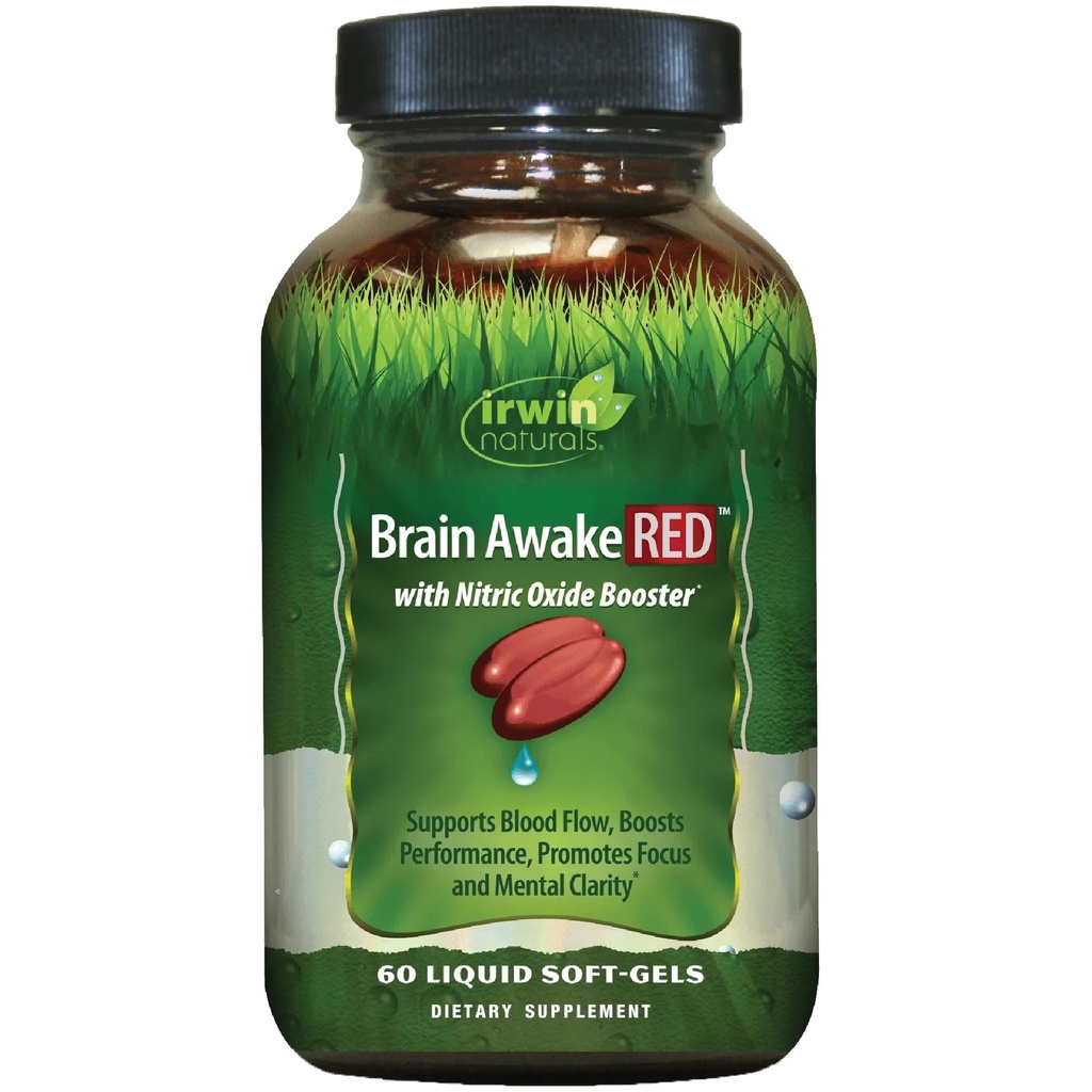 Irwin Naturals Brain Awake RED cu oxid de azot Booster - 60 lichid Soft-Gel - Suport de sănătate și performanță de optimizare a creierului - 20 Serviri totale