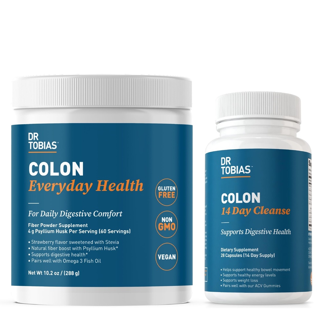 Dr. Tobias Colon 14 Day Cleanse și Colon Sănătate în fiecare zi, Advanced Gut Cleanse Detox & Daily Digestive Support with Psyllium Husk Fiber Powder, Digestive Wellness Bundle, Non-GMO