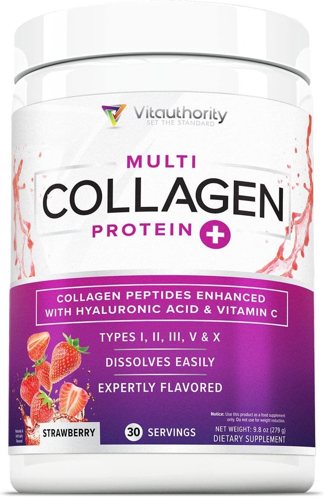 Multi Colagen Peptides pulbere pentru femei - Hidrolizat Colagen pulbere pentru femei cu tipuri I II III V & X Vitamina C & Acid hialuronic pentru piele de par si unghii (Afine) - 30 Serviri