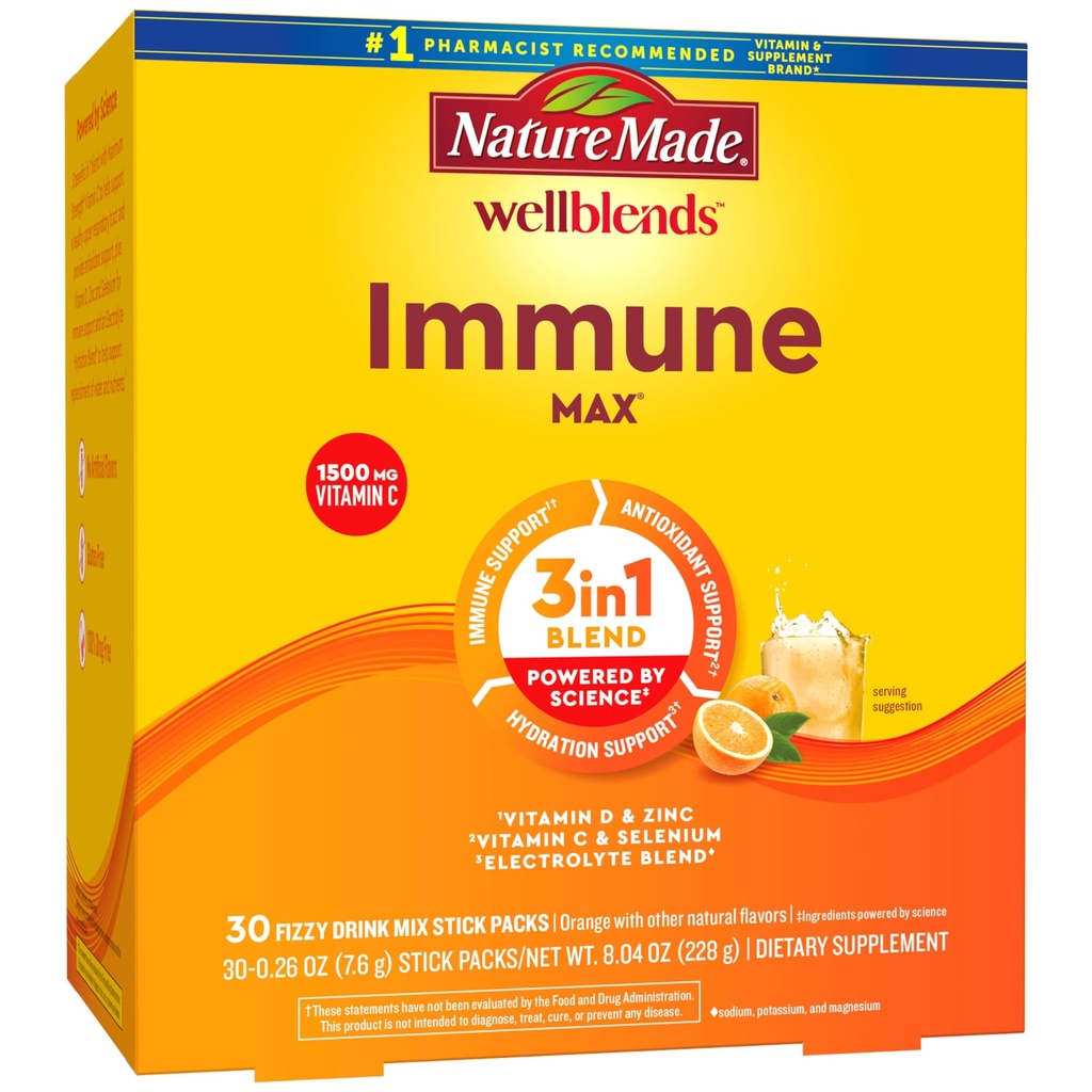Natura Made Wellblends ImmuneMAX Fizzy Drink Mix, Vitamina C 1500mg, Zinc 15 mg, Vitamina D3 1000 UI (25 mcg), plus B Vitamine și Electroliti Hidratare Blend, 30 Stick Packs
