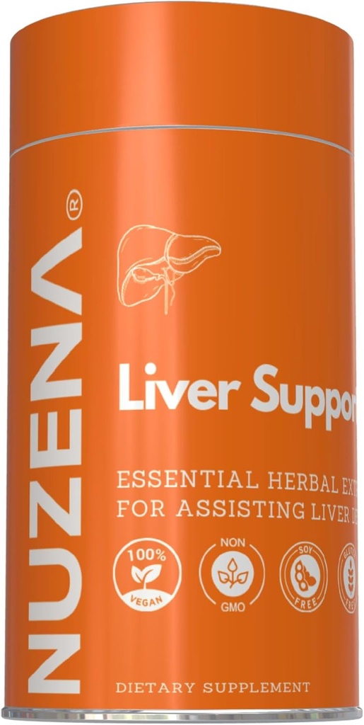 Nuzena Liver Support +, Milk Thistle Silybum Marianum, Turmeric, Dandelion Root & Artichoke Extract cu vitamine esențiale, Pachet de 60 capsule de sprijin pentru sănătatea ficatului, Made in USA