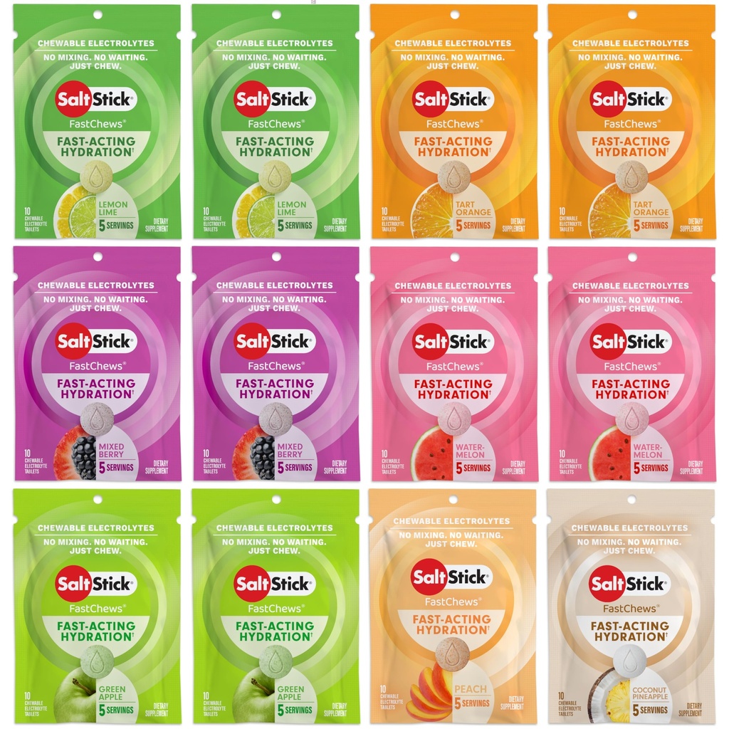 SaltStick Electrolyte FastChews - 120 Count Variety Pack - Tablete electrolitice masticabile pentru hidratare, Sare Tabs - 10 Count (Pachet de 12)