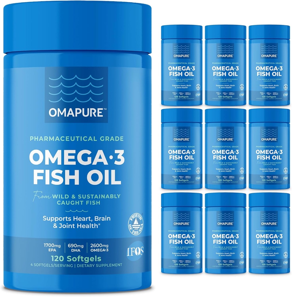 OMAPURE Wild Caught Omega-3 Suplimente cu EPA & DHA mare (10 sticle, 120 Softgels) - Formula Burpless Supports Heart & Joint Health, Promovează funcția creierului
