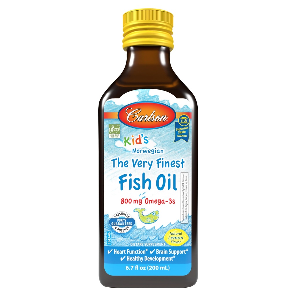 Carlson - Kid's The Very Finest Fish Oil Liquid, 800 mg Omega-3s, Norvegian, Wild-Caught Fish Oil, Omega 3 Liquid for Kids, Sustainable Source, Lemon, 200 ml