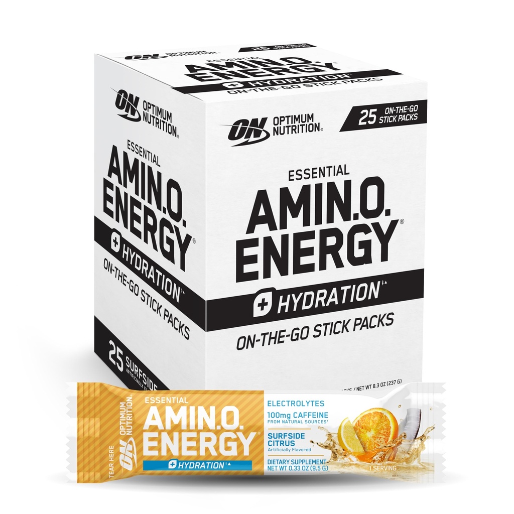 Optimum Nutriție Amino Energy Plus Pachete de hidratare, On-The-Go Caffiene Stick Packs, Surfside Citrus, 25 Count