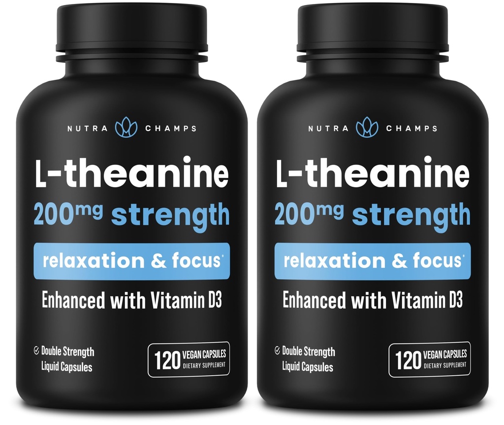 NutraChamps L-Theanine capsule de 200 mg, L-Theanin Liquid cu vitamina D3, Ulei organic de cocos, 120 capsule Vegane (Pachet de 2)