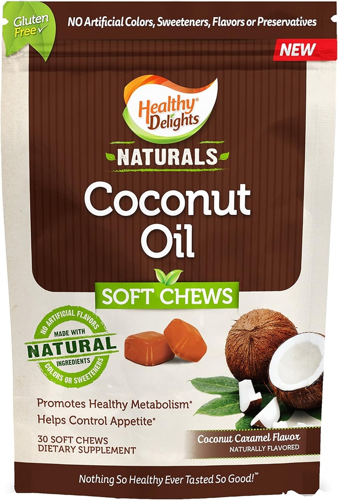 Delights sănătoase naturale, ulei de nucă de cocos chiftele moi, promovează metabolismul sănătos, ajută la controlul apetitului, delicioasa aromă de nucă de cocos Caramel, 30 Conte