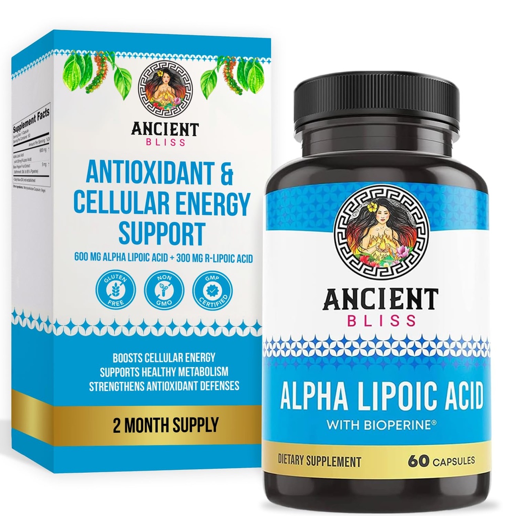 Ancient Bliss Alpha Lipoic Acid Supplement, Antioxidant și suport energetic, ALA Supliment cu Bioperine, No Gluten și Soy, 600 mg per Serving, 60 Vegan capsule