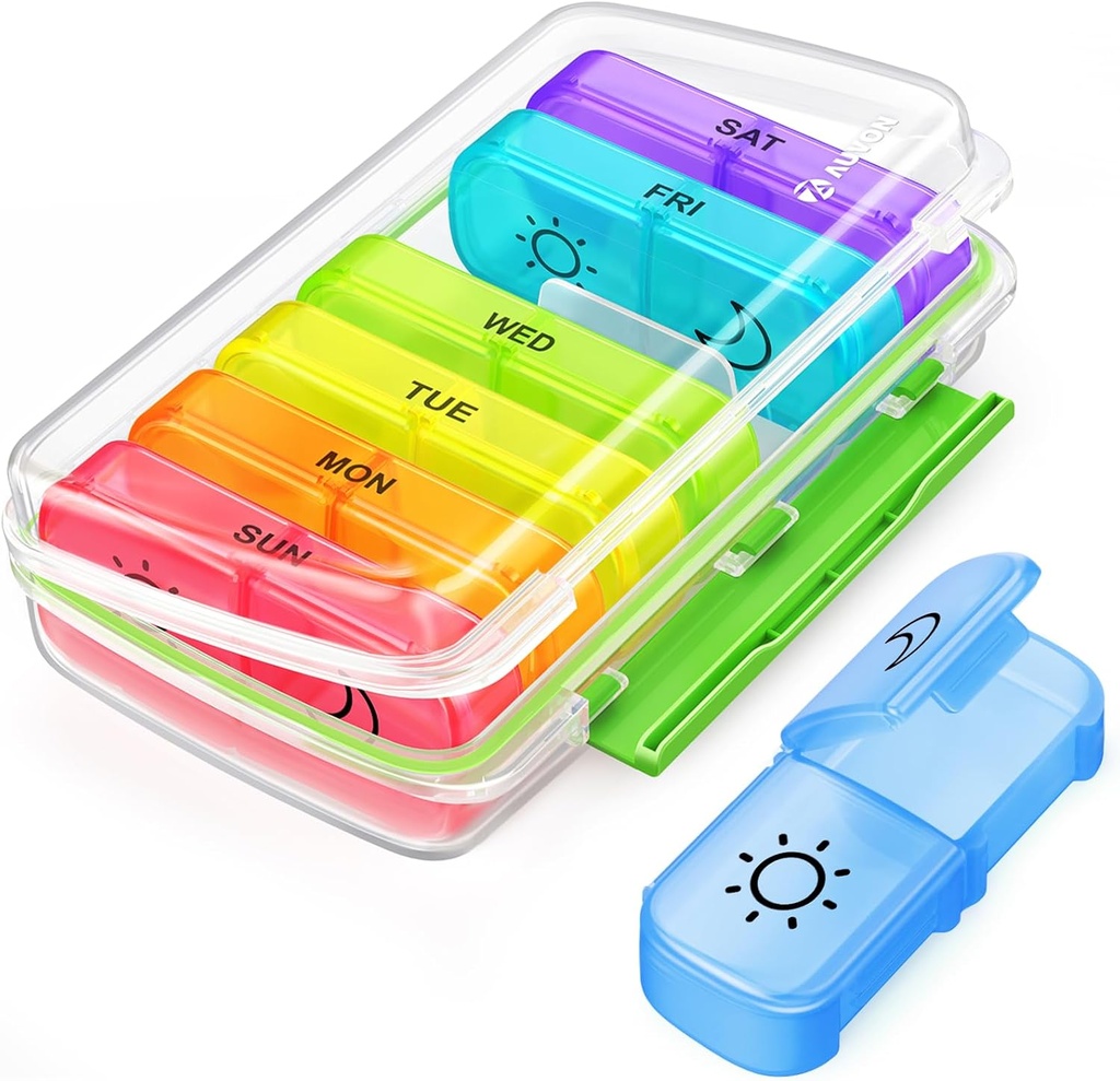 Auvon Pill Box 2 ori pe zi cu umiditate-Proof Design, Weekly Pill Organizator AM PM cu sloturi portabile de buzunar, Pill Case 7 zile cu dublă protecție pentru vitamina, medicamente, și supliment