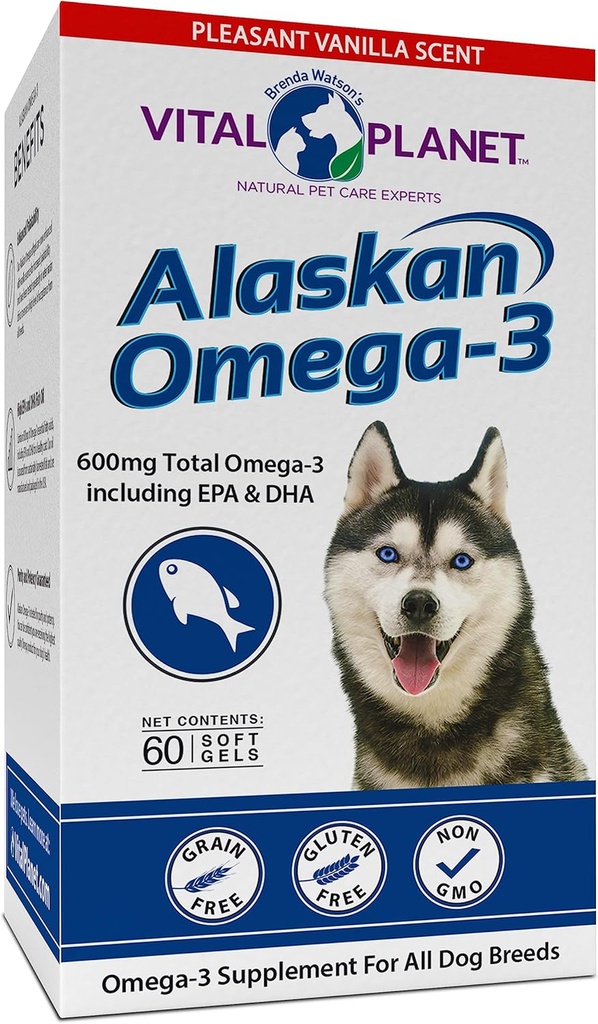 Planeta Vital - Alaskan Omega-3 Suplimentul de ulei de pește pentru câini cu 600mg de Omega-3, High in DHA și EPA de la pește de apă rece recoltată în mod durabil, 60 Softgels vanilie