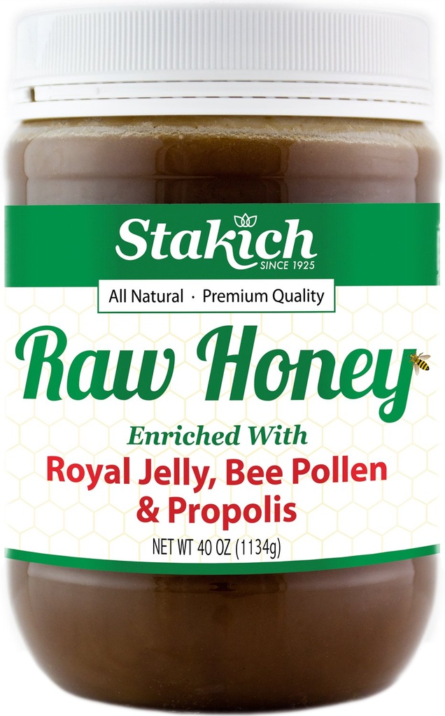 Stakich Royal Jelly, Bee Pollen, Propolis Raw Honey - pură, neprelucrată, neîncălzită - 40 Ounce